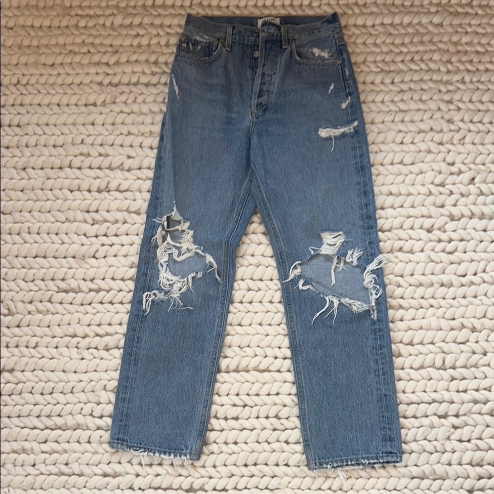 Agolde 90’s Mid Rise Loose Fit Blue Distressed Jeans